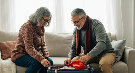 Elderly caucasian couple packing luggage for traveling on cozy couch