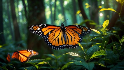 Fototapeta premium Enchanting monarch butterfly gliding through lush forest light