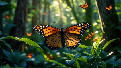 Obraz premium Enchanting monarch butterfly among lush forest light