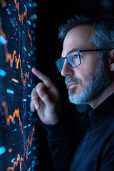 Businessman analyzing market trends on digital screen with graphs and data, showcasing focus and strategy