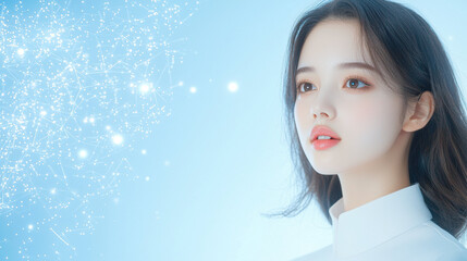 Fototapeta premium young woman with long hair gazes thoughtfully against soft blue background, surrounded by sparkling lights
