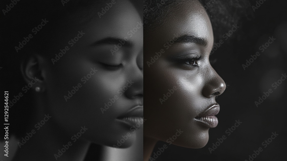 Aufkleber mood transformation displayed through grayscale and vibrant expressions in a split view portrait. ge