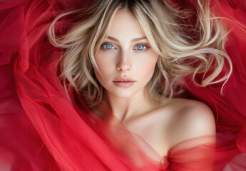 Naklejka premium a fiery red background show the blonde woman powerful posture and features captivate attention.
