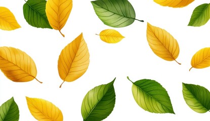 Fototapeta premium Falling Yellow and Green Autumn Leaves on White Background