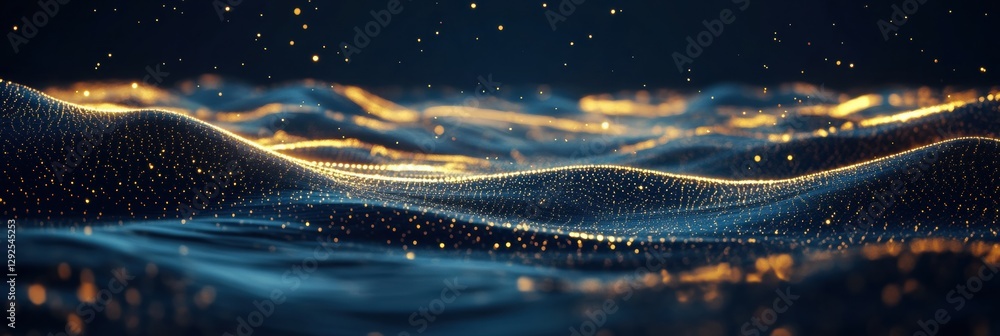 Poster vibrant waves glistening with golden particles in a dark ocean setting at twilight. generative ai