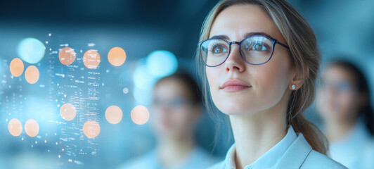 Innovative woman with glasses contemplating data visualization and teamwork