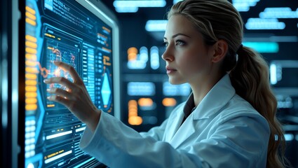 Futuristic female scientist analyzing data on advanced technology