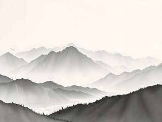  Serene Mountain Landscape in Ink Painting with Soft Grayscale Tones
