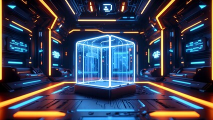 Futuristic neon cube amidst high tech landscape