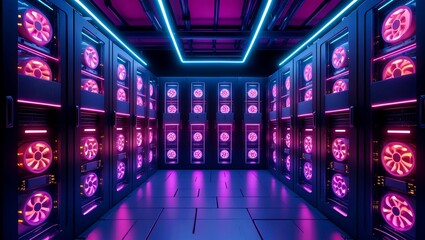 Futuristic neon lit data center with server racks