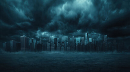 Dark city skyline under storm clouds, evoking sense of economic crisis and uncertainty