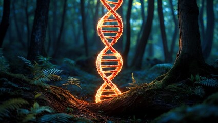 Glowing dna double helix in enchanted forest