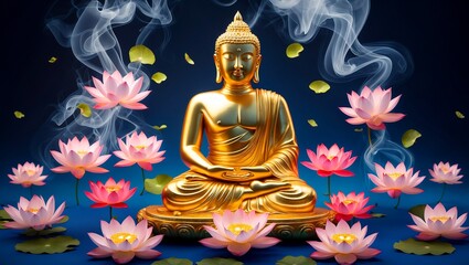 Obraz premium Golden buddha statue amidst lotus flowers and mystical smoke