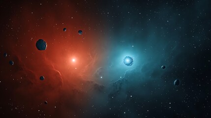 Cosmic Binary System: Digital Painting of Two Celestial Bodies in a Nebula AI Generated