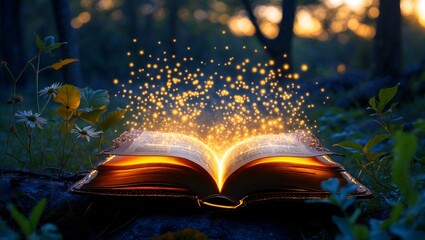 Illuminated leather book glowing in enchanted nature
