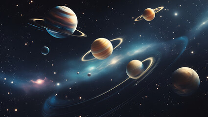 A mesmerizing 4D visual representation of celestial bodies in motion, set against a mysterious, dark black space galaxy background, created by generative ai