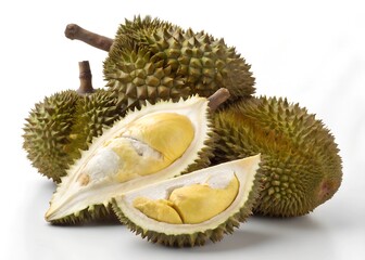 Fototapeta premium Exotic Durian Feast: A close-up shot captures a vibrant display of fresh durians, with one skillfully sliced open to reveal its creamy, golden flesh.