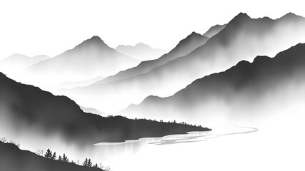  Serene Mountain Landscape in Ink Painting with Soft Grayscale Tones