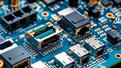Intricate close-up of ethernet connectors on circuit board