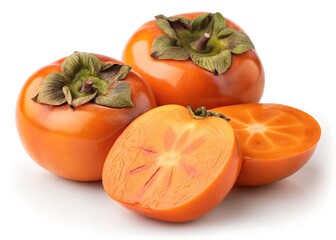 Ripe Persimmons: A close-up shot of juicy ripe persimmons, featuring whole fruits alongside a halved one, highlighting their vibrant orange color and unique texture.