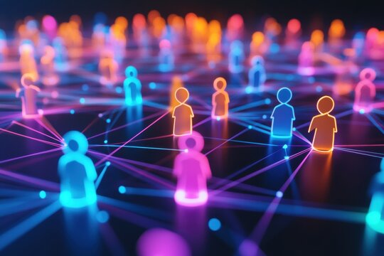 Colorful 3D avatars connected by vibrant network lines represent digital social interactions. Generative AI