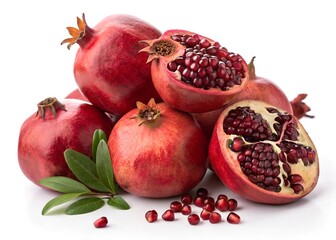 Pomegranate Paradise: A vibrant assortment of ripe pomegranates, showcasing the jewel-toned seeds, presented with leaves, offering a feast for the eyes, with natural lighting.