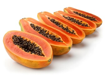 Papaya Slices: Vibrant, juicy papaya halves, showcasing their vivid orange flesh and black seeds, arranged invitingly.
