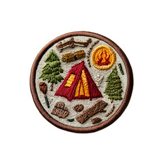 A circular embroidered patch featuring a red tent, trees, logs, and a campfire, symbolizing outdoor camping adventures.