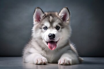 Obraz premium Aerial view: a fluffy Malamute pup, pink nose, tongue lolling, against a serene gray backdrop.