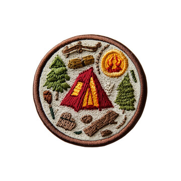 A circular embroidered patch featuring a red tent, trees, logs, and a campfire, symbolizing outdoor camping adventures.