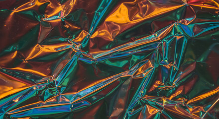 Abstract metallic rainbow foil crumpled surface with reflective highlights