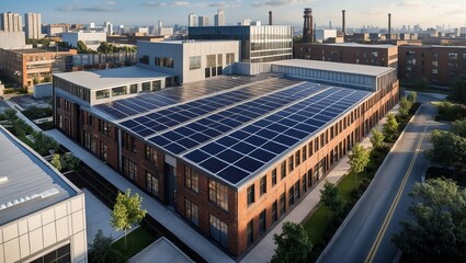 Obraz premium Modern industrial building featuring solar panels