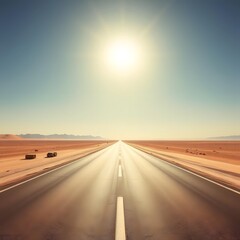  Desert Road in Blazing Heat with Sun and Sky Mirroring on Road Surface