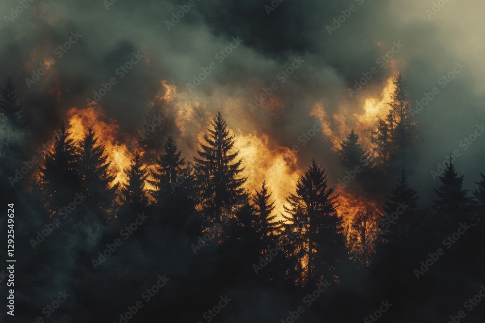 Poster forest in flames with thick smoke and warm hues creates a dramatic atmosphere for urgent messaging. 