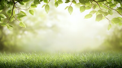 Bright Sunlight Through Lush Green Spring Leaves and Dewy Grass