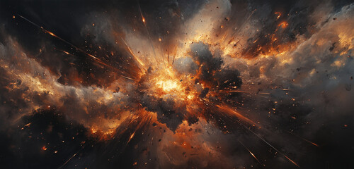 Naklejka premium A mid air explosion with fiery particles spreading outward, bright glowing sparks, and thick plumes of smoke.