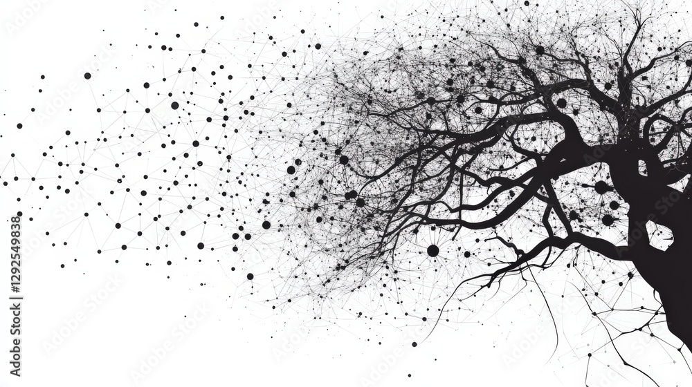 Poster abstract depiction of a tree with dispersing dots, symbolizing growth and change in nature