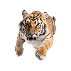 Fototapeta premium A fierce tiger lunges forward, showcasing its powerful muscles and striking orange and black stripes.