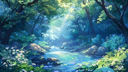 Serene Forest Stream: Digital Painting of a Sunlit Woodland Path AI Generated