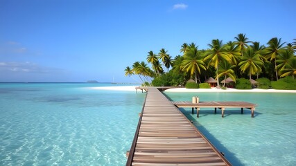 Fototapeta premium Tropical Island with a Long Pier Leading to a Clear Blue Lagoon Surrounded by Palm Trees