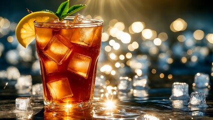 Refreshing iced tea glowing in sunlight with ice cubes