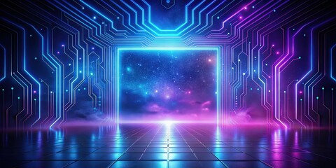 Obraz premium Futuristic glowing portal scene with vibrant neon circuit lines and a cosmic backdrop