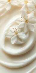 Delicate white flowers resting on a creamy surface, embodying tranquility and elegance in a minimalist composition.