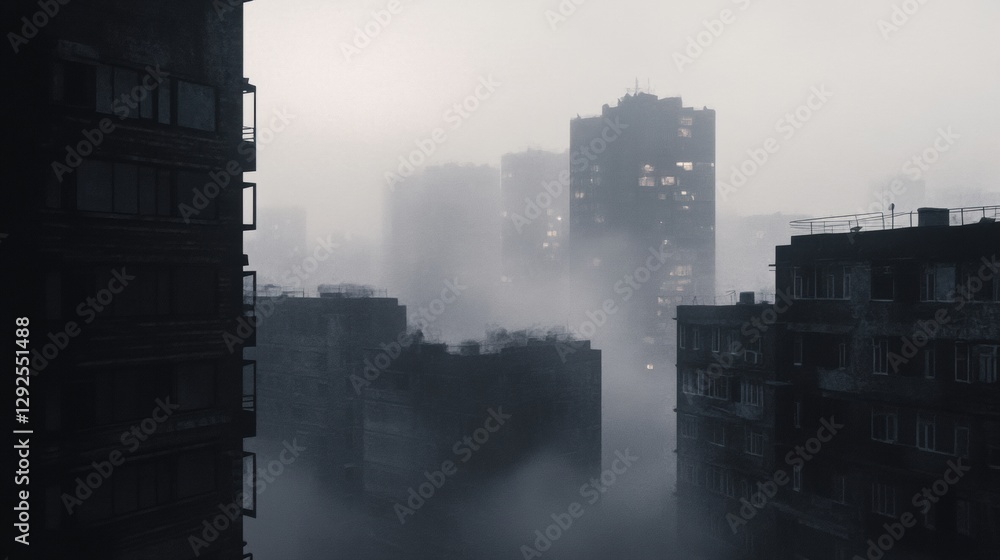 Aufkleber heavy gray smog envelops cityscape with building silhouettes fading into haze under a cloudy sky. ge