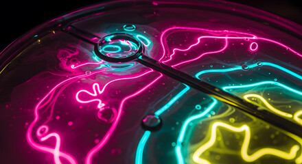 Abstract neon fluid art with glowing highlights and prismatic reflections