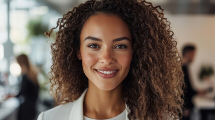 A portrait of an attractive woman with curly hair smiling in the office, generative AI