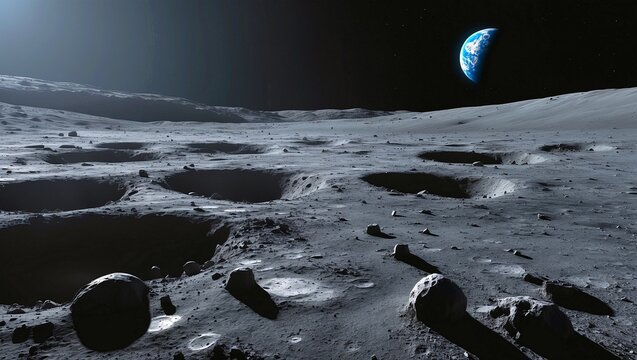 Rugged lunar landscape with earth as a distant dot