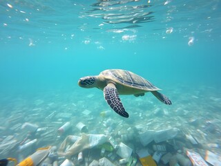 Obraz premium Turtle Swimming in Ocean Pollution with Plastic Trash in Light Blue Waters Representing Ecological Concerns