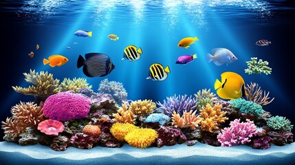 Naklejka premium Vibrant reef fish swim, coral backdrop, underwater scene