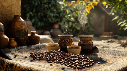 Ethiopian coffee ceremony setup with a jebena pot, incense burning and beans freshly roasted, rich tones and textures.